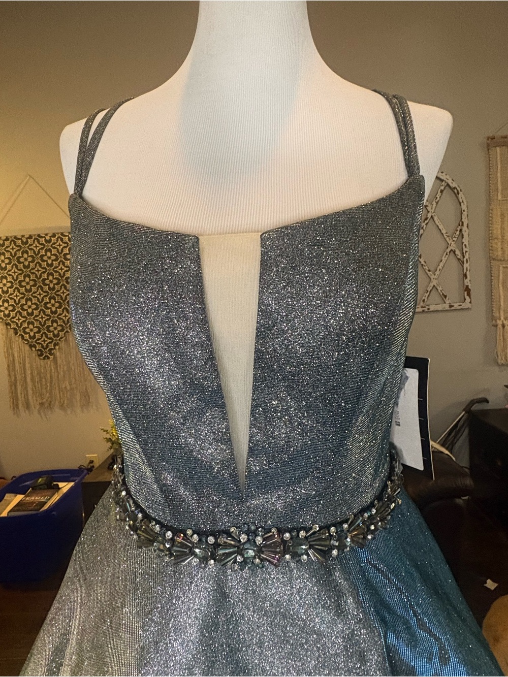Sherri Hill Silver/green Iridescent Glitter Party Dress with Jeweled Waist - Picture 2 of 5
